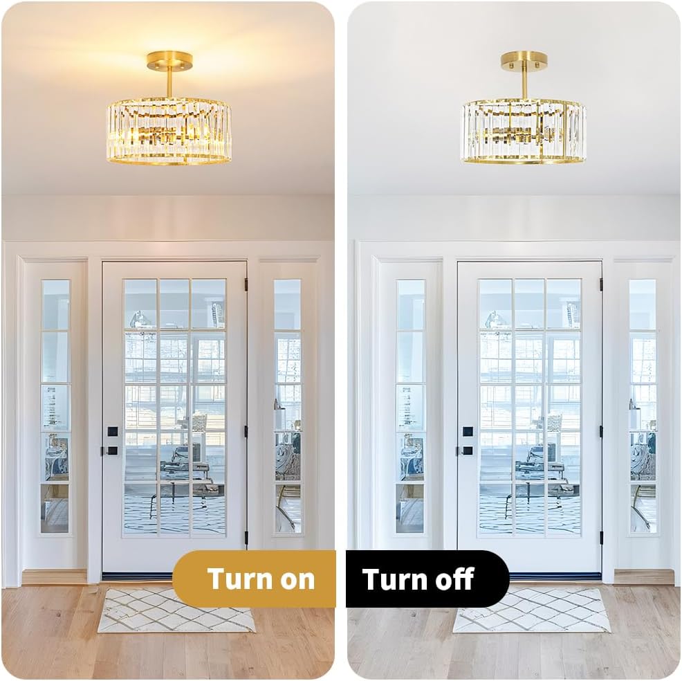 Modern Gold Crystal Ceiling Light Fixture - 11-Inch Semi Flush Mount Chandelier for Kitchen & Entryway