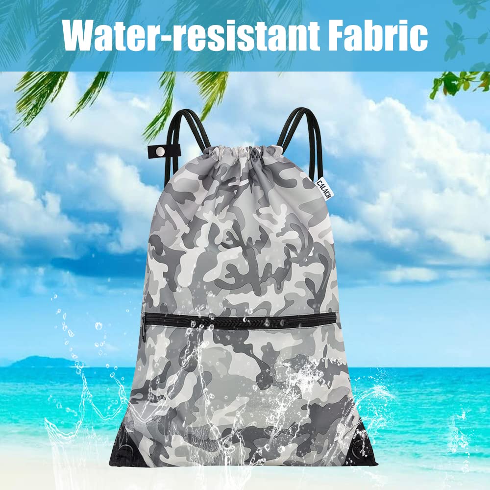 CALACH draw string back bag, Large Gym Sports string backpack for men and women with front zipper pocket and inside zipper pocket to keep key or phone (Grey camo)