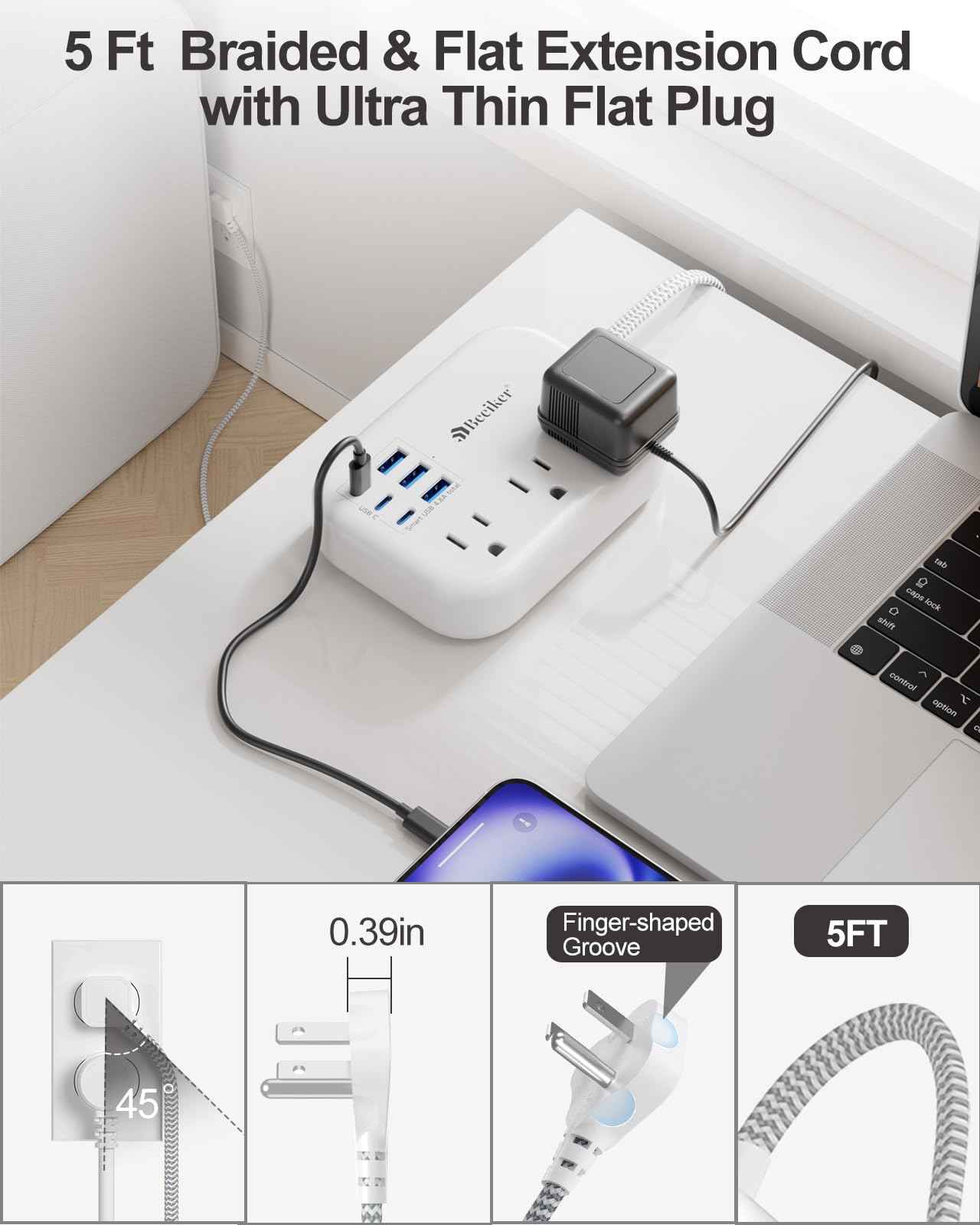 6 USB(3 USB C) Power Strip- Travel Power Strip with 6 USB Desktop Charging Station 24W/4.8A and 3 Outlets, 5Ft Flat Plug Braided Extension Cord, Non Surge Protector for Cruise Ship Travel Office Dorm