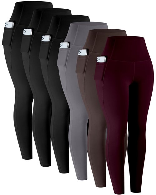 LZYVOO Leggings with Pockets for Women, 6 Packs Soft High Waisted Tummy Control Workout Yoga Pants(3BlackGrayBrownCassis-M)