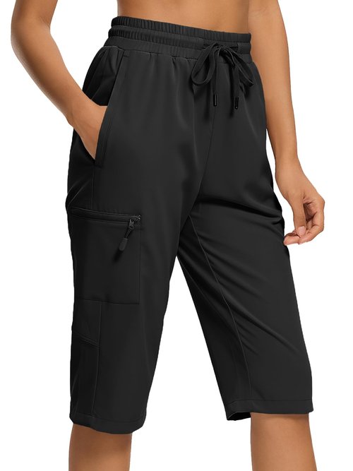 DEVOROPA Women's Hiking Long Shorts Knee Length Lightweight Quick Dry Cargo Athletic Bermuda Beach Shorts with Zipper Pockets Black XL