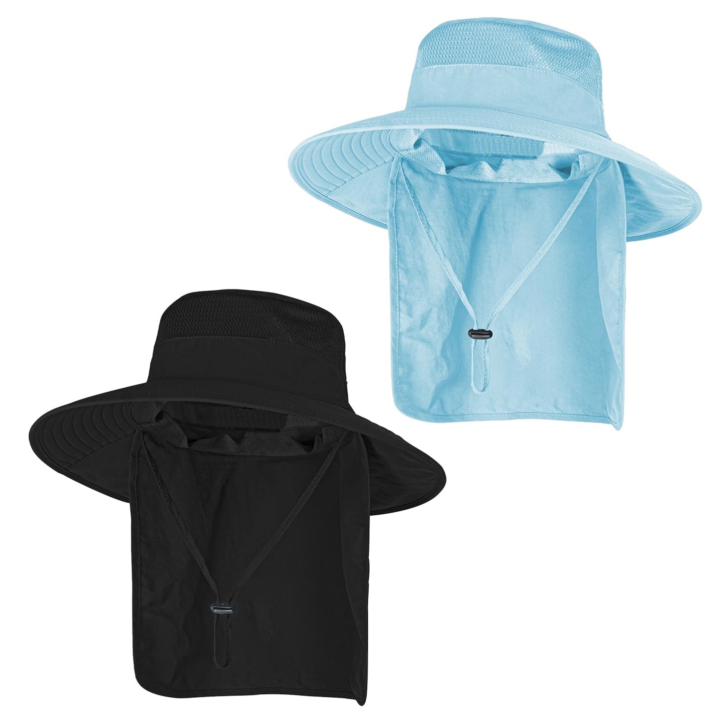 2Pack Sun Hats for Men Women Fishing Hat UPF 50+ Breathable Wide Brim Bucket Hats Summer UV Protection Safari Hat with Neck Flap Black/Blue