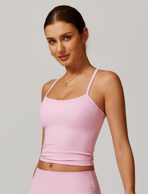 Womens Scoop Neck Longline Sports Bras Fixed Cross Back Women Workout Crop Tank Tops with Built in Bra Active Wear Athletic Work Out Gym Yoga Padded Bra Tank Top Pink M