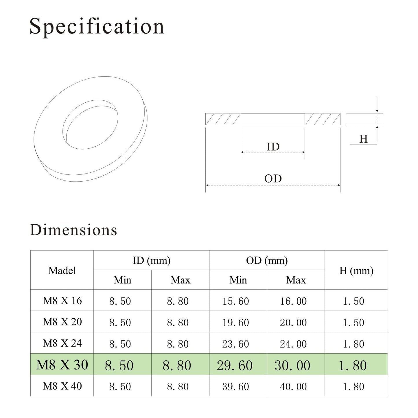 M8 x 30mm Flat Washer, 304 Stainless Steel Washers Flat, M8 Washers Flat OD 30mm | Thickness 1.8mm; 30Pcs