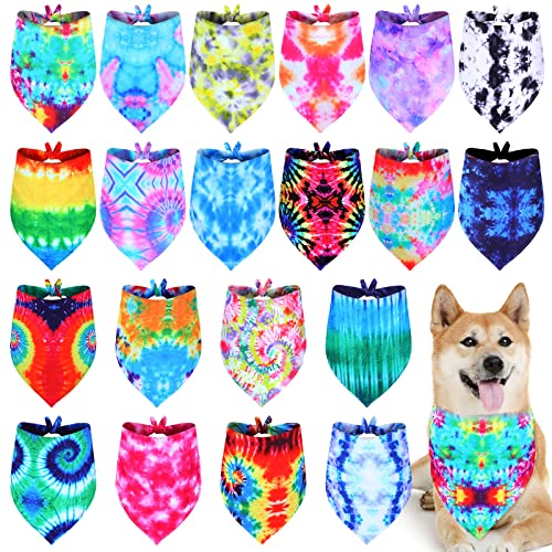 Weewooday 20 Pcs Tie-Dye Dog Bandanas Set, L Size – Reusable Polyester Triangle Scarves