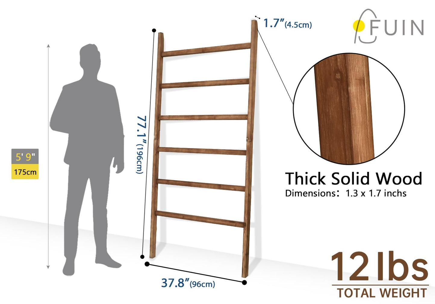 FUIN Extra Wide 6.4ft Wooden Blanket Ladder Living Room Decorative Wal Leaning Farmhouse Quilt Display Holder Rustic Wood Towel Rack for Bathroom, Brown, 38 inch Wide