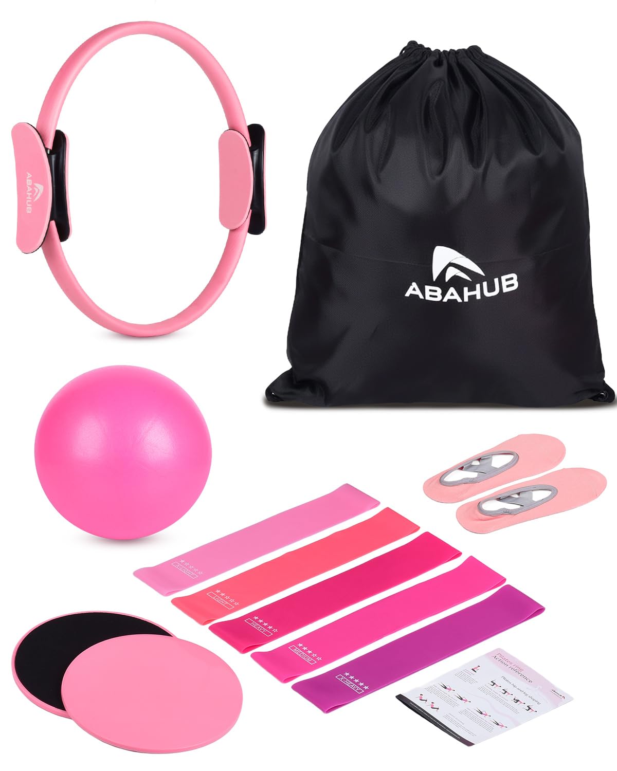 Abahub Pilates Ring Set, Home Workout Pilates Equipment, 14”Magic Circle, Yoga Ball, Resistance Bands, Sliding Disks, Socks, Workout Guide & Bag, Pilates Starter Kit for Strength, Pink Set