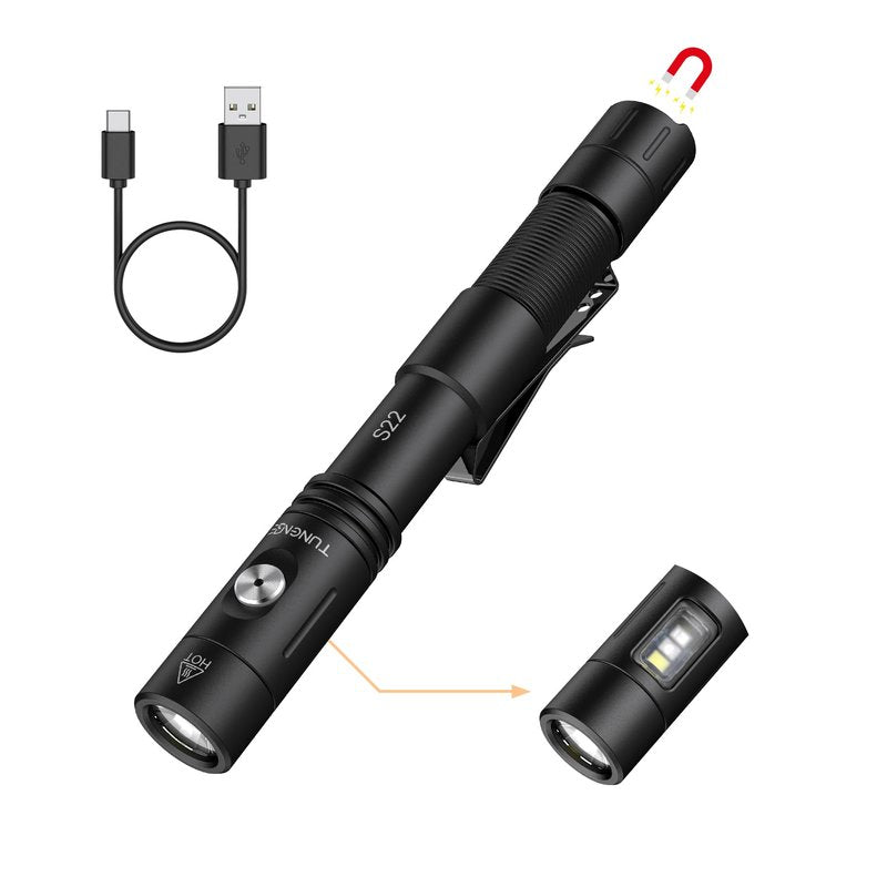 TUNENGE S22 1200 Lumens EDC Tactical Flashlight, Rechargeable 2AA Pen Light with COB Side Light & 365nm UV, 11 Modes, Magnetic Tail, Dual Switch for Camping,Home, Emergency