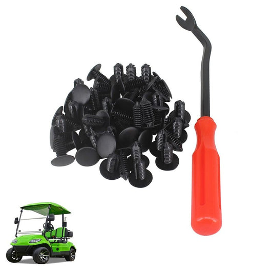HKOO 50Pcs Golf Cart Tree Rivets Clips and One Plastic Fastener Remover Universal Fit Electric/Gas Yamaha Golf Cart X-Mas Club Car EZGO TXT RXV Tree Rivets Clips Replace# 1010434