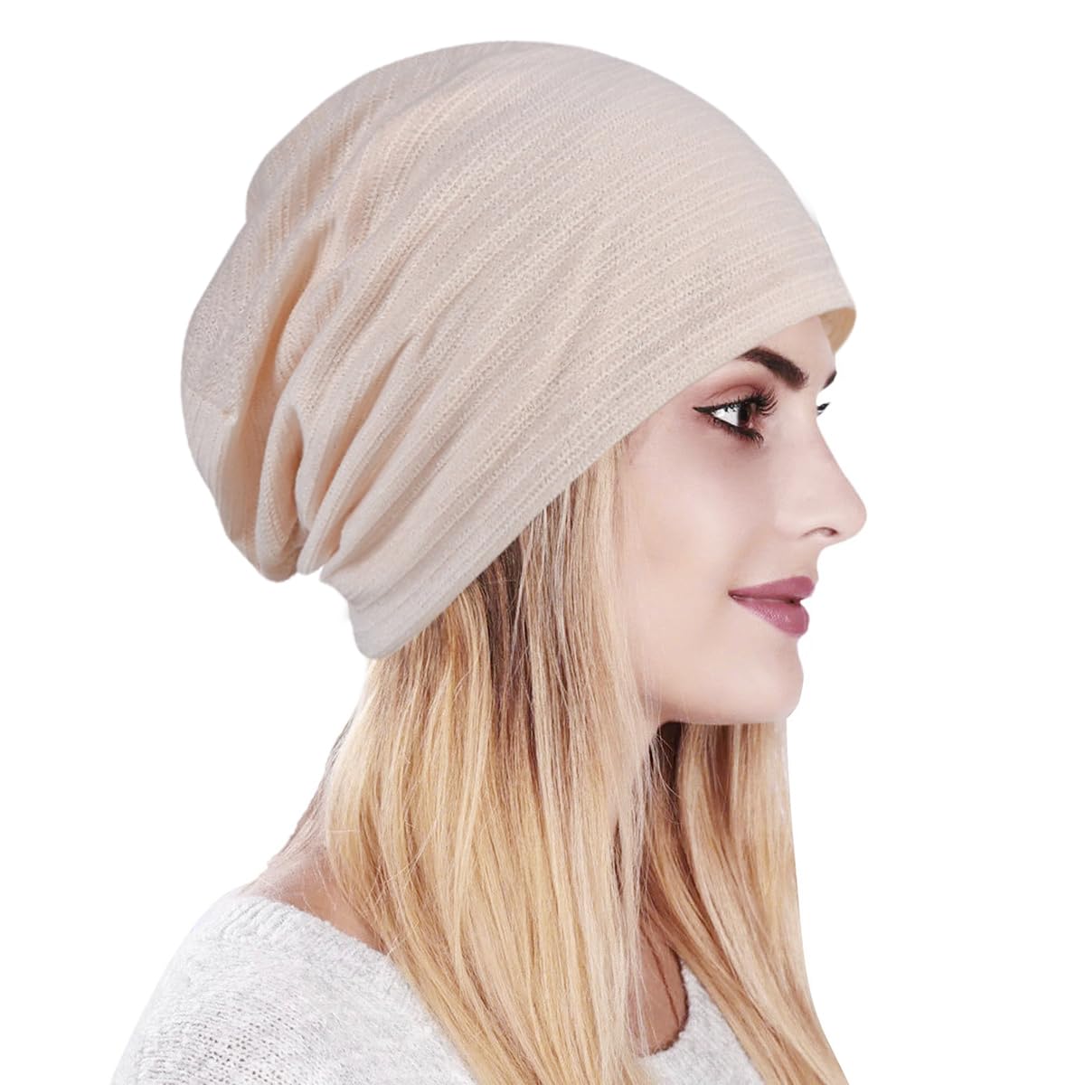 WULIQIUQIU Womens Chemo Beanie Hat Cancer Cap Stretch Slouchy Turban Headwear U-Black+Beige