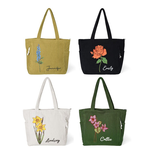 Personalized Birth Flower Corduroy Tote Bag for Women | Name Shoulder Bags