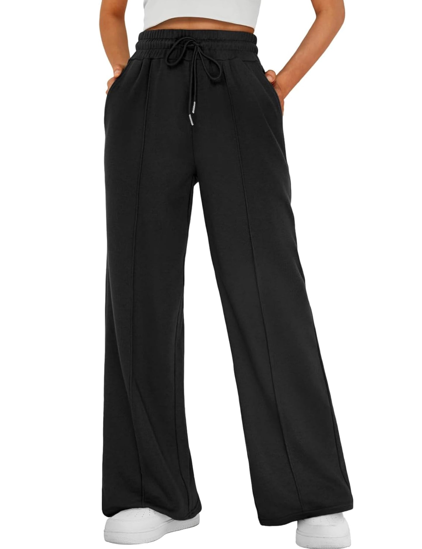 FSVABY Womens Baggy Wide Leg Athletic Track Sweatpants High Waisted Drawstring Workout Joggers with Pockets (Black, Small)
