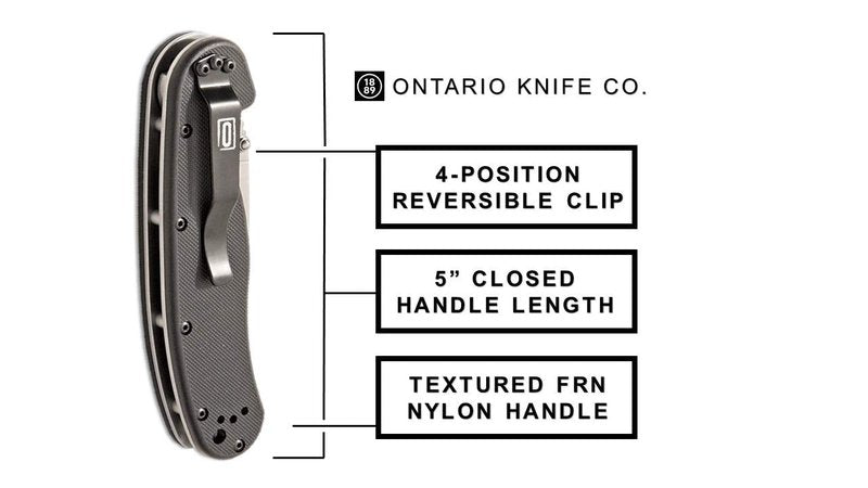 Ontario Knife Company Company 8849 Rat-1 Satin AUS-8 Stainless Steel 3.50" Serrated Edge Blade Black Nylon Handle 4-Position Reversible Clip Folding Knife for Outdoor, Tactical, Survival & EDC (Black)