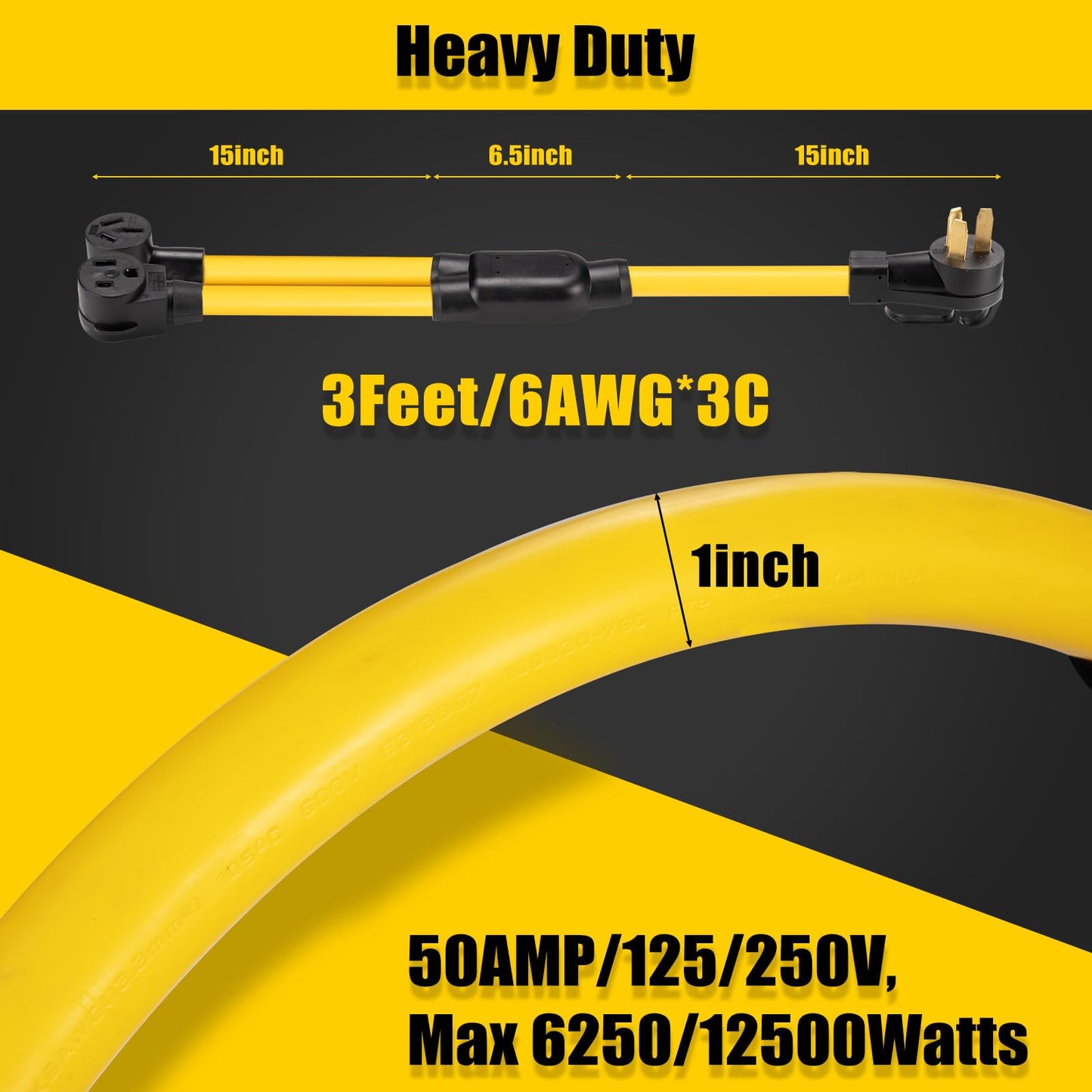 LAZMUMI 3 Prong 50 Amp Y Splitter for EV Charger and Older Ranges, NEMA 10-50P to 10-50R/6-50R Adapter for EV Charger at 50A Older Welder Outlet (Pre-1996) 125/250V, STW 3-Wire 6 AWG, 3FT