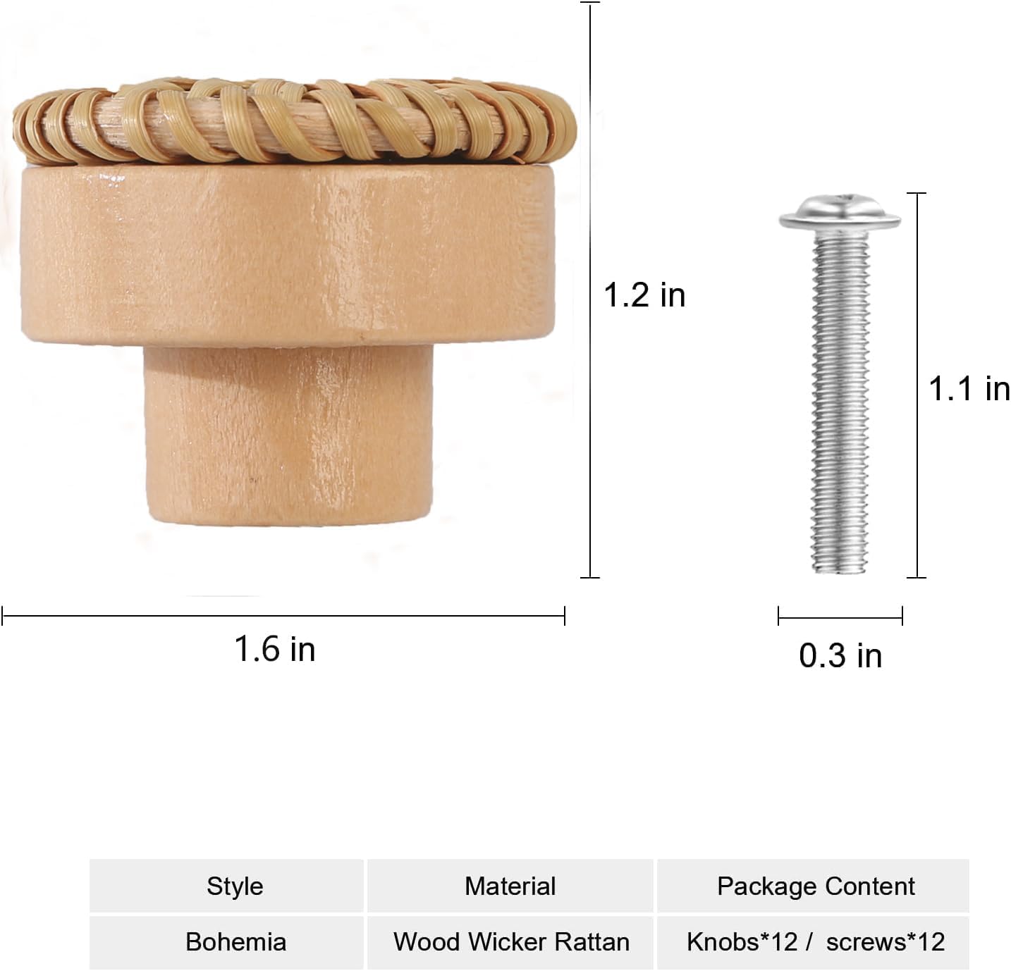 Wcatea 6 Pack Boho Dresser Knobs and Screws Diameter 1.6in Made of a Combination Durable Beech Wood and Hand Woven Rattan Pieces