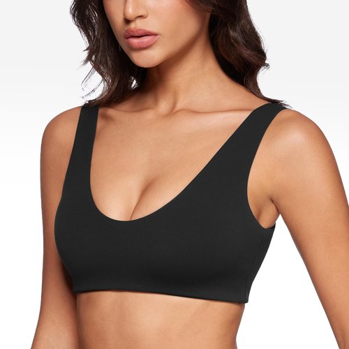 INGIA Womens U-Neck Sports Bra Padded U Back Medium Impact Fitness Yoga Bar Workout Crop Top with Built in Bra Black Medium