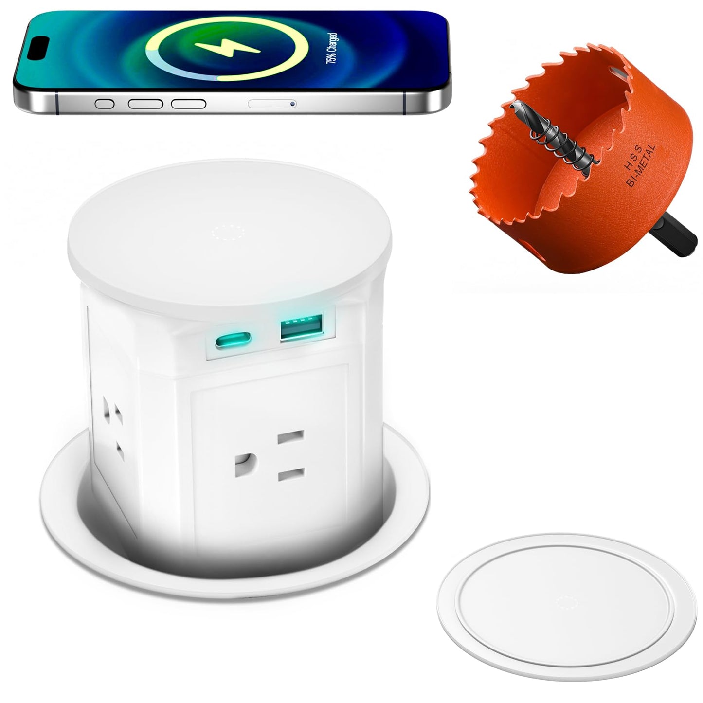 Pop Up Countertop Outlet with 15W Wireless Charger,Pop up Outlet,Max 20W USB Power Delivery,3.9" Space Saver Recessed Outlet,Pop Up Electrical Outlet with 4 Outlets 15A, 2 USB Ports for Home Office.
