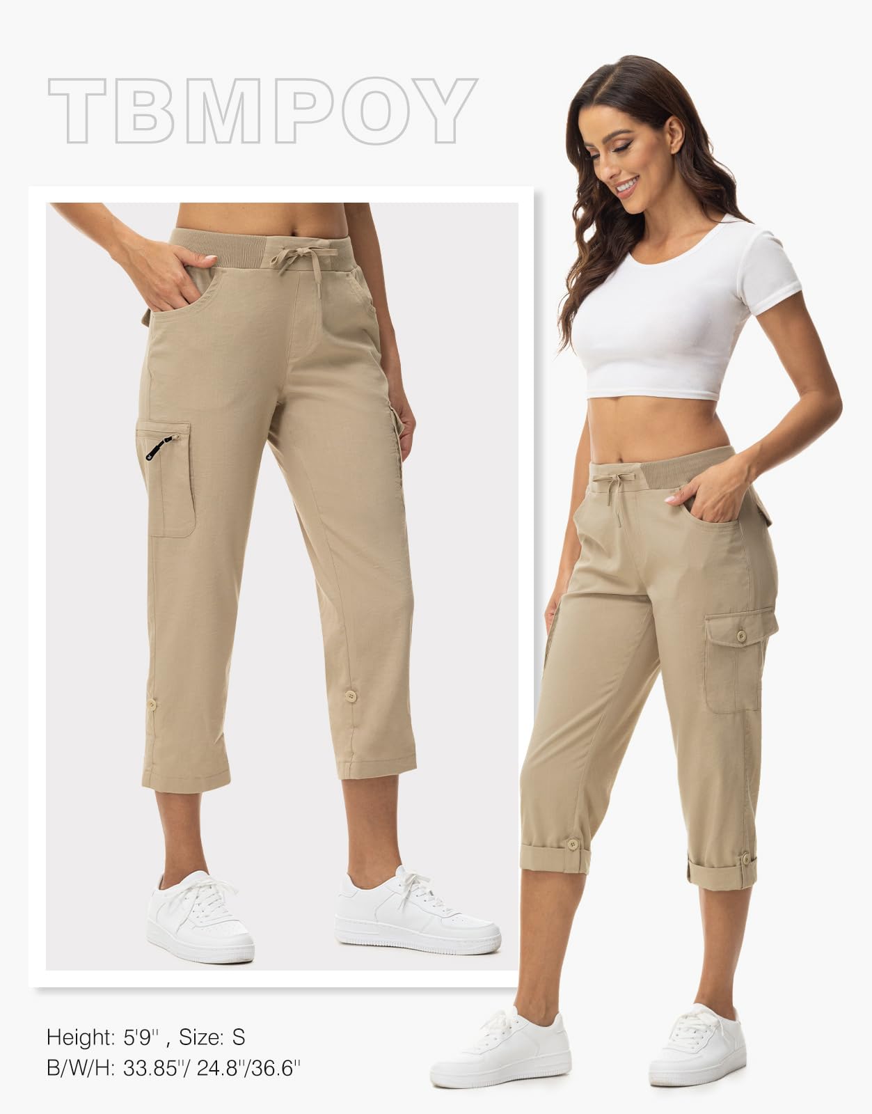 TBMPOY Womens Cargo Capris with Pockets Lightweight Hiking Capris Pants Quick Dry Casual Cropped Pants Summer Trip Cotton Khaki XL