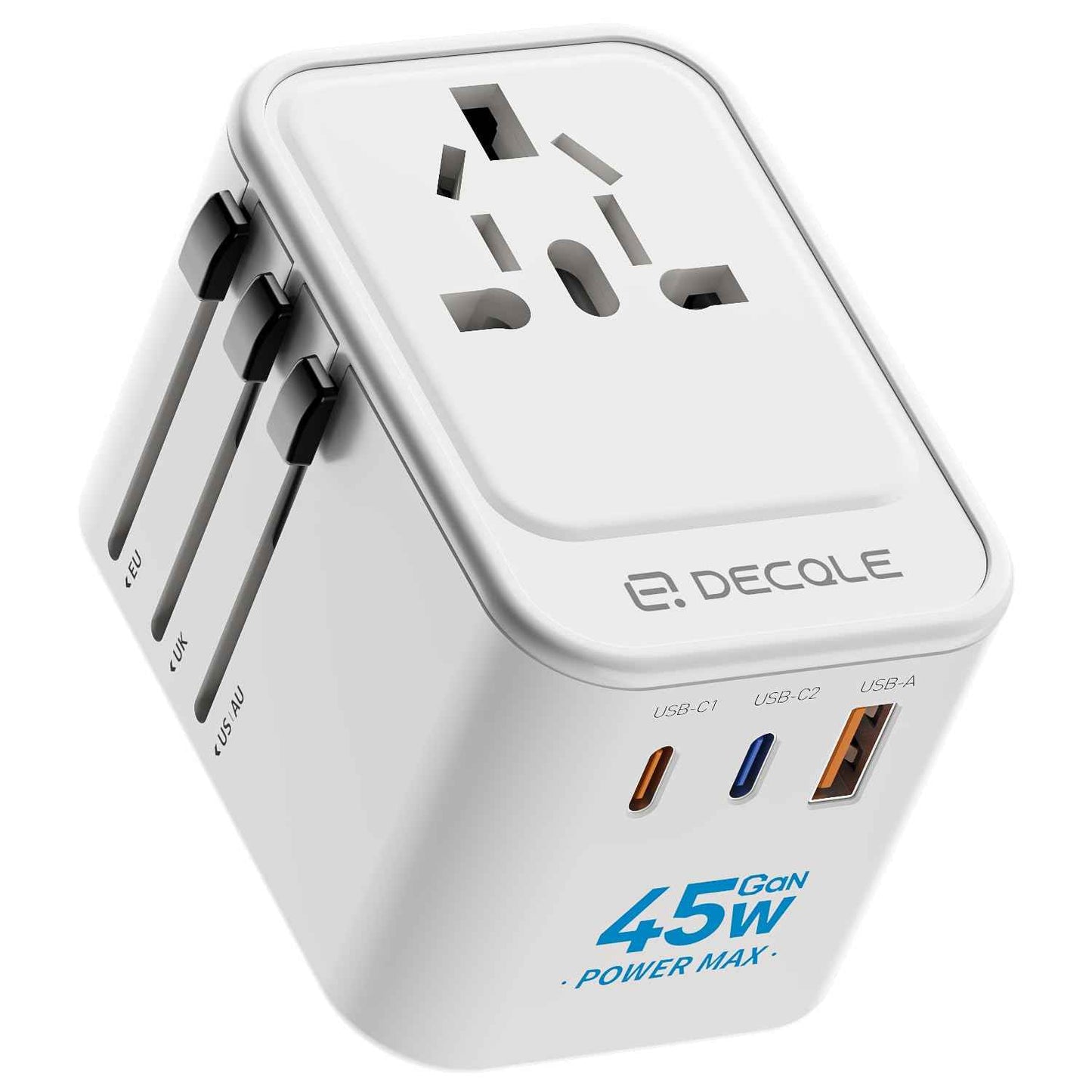 decqle Universal Travel Adapter, International Travel Plug Adapter with 2 USB-C(GaN 45W) ＆ 1 USB-A Ports, All in One Portable Adaptor, for USA, UK, EU, AU ＆ 224+ Countries (White) US