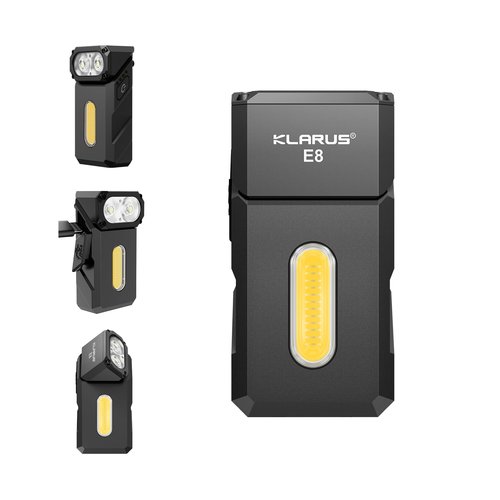 klarus E8 180° Swivel Head & Triple-Light Pocket Flashlight - 1000 Lumens, Rechargeable, IPX6 Waterproof, Magnet, Clip (EDC)