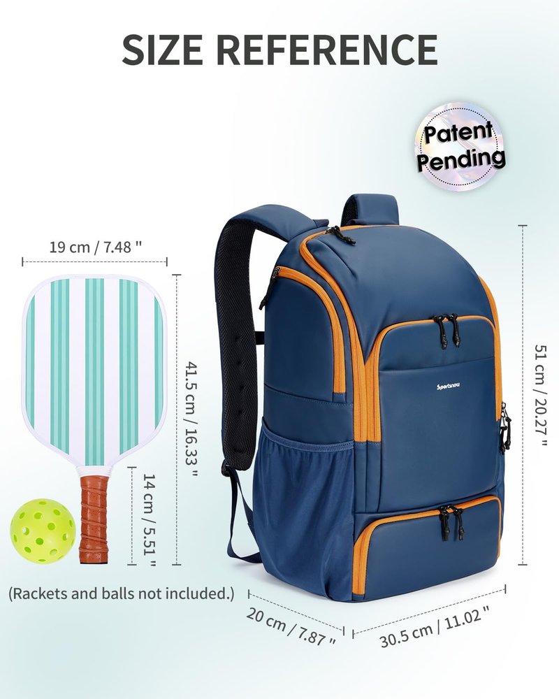 sportsnew Pickleball Bag, Waterproof Pickleball Backpack for Women Men with Shoe Compartment & Fence Hook, Navy Blue Patent Pending