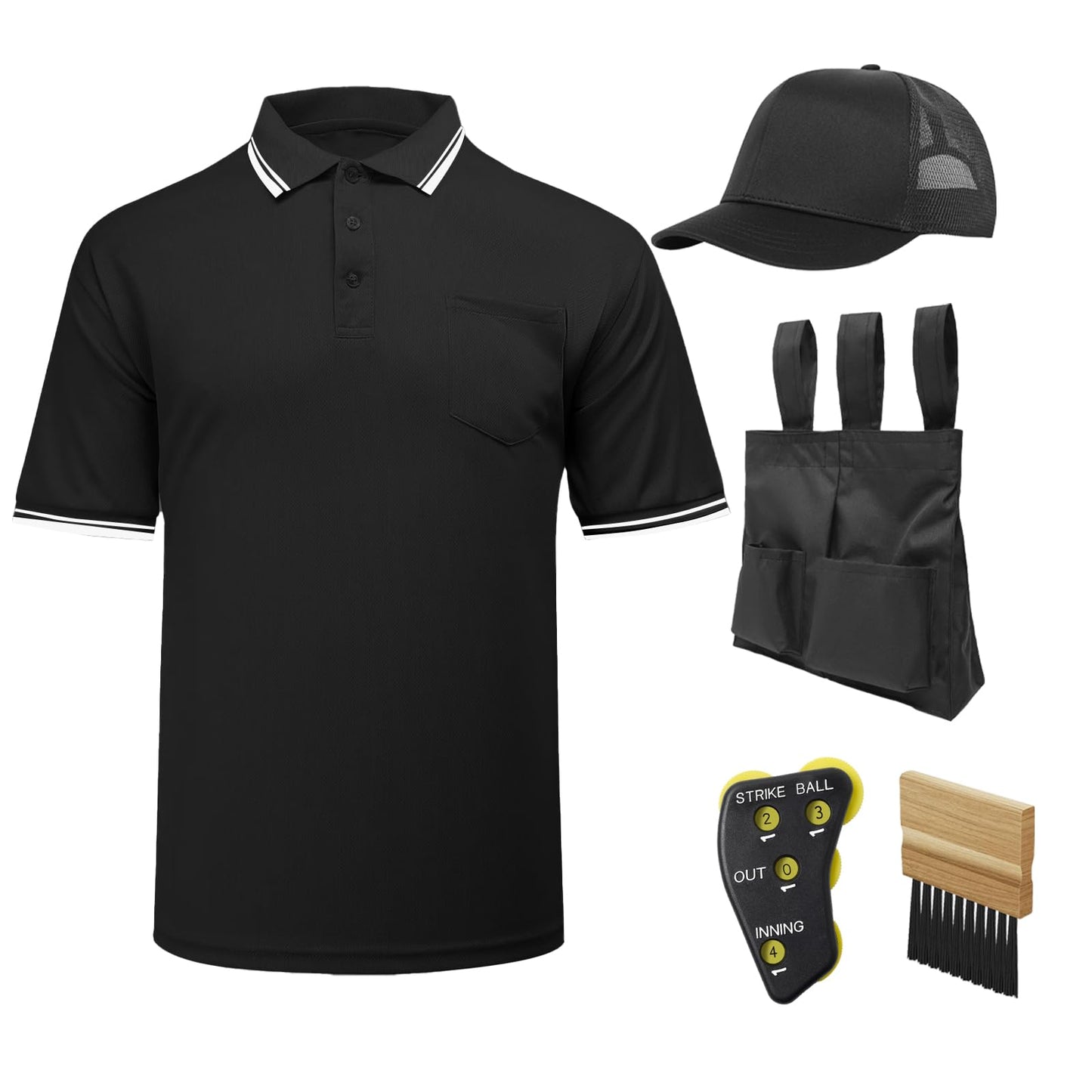 redgino 5Pcs Men’s Baseball/Softball Umpire Gear Shirt Ball Bags Clicker Hat Brush Referee Accessories Sets Jersey Kit Black XL