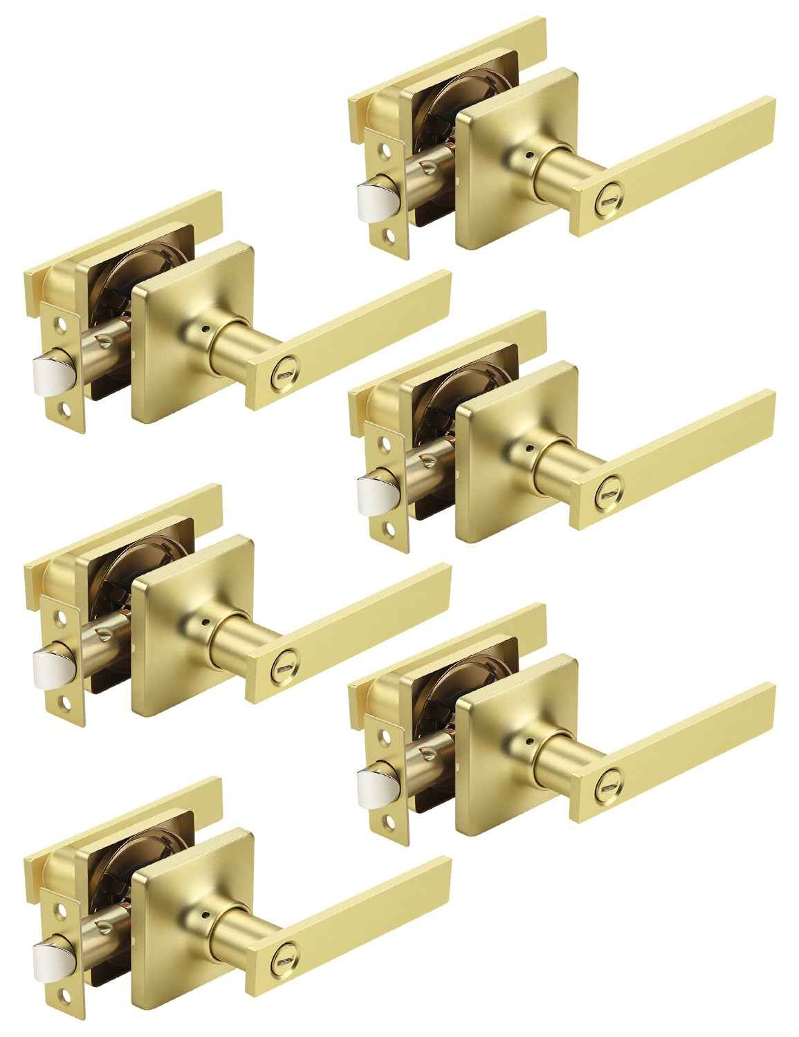 Mengico 6 Pack Gold Privacy Lever Door Handle Interior with Lock, Heavy Duty Square Door Lock for Bed/Bath, Keyless Door Locksets, Reversible for Left Right Handed Doors