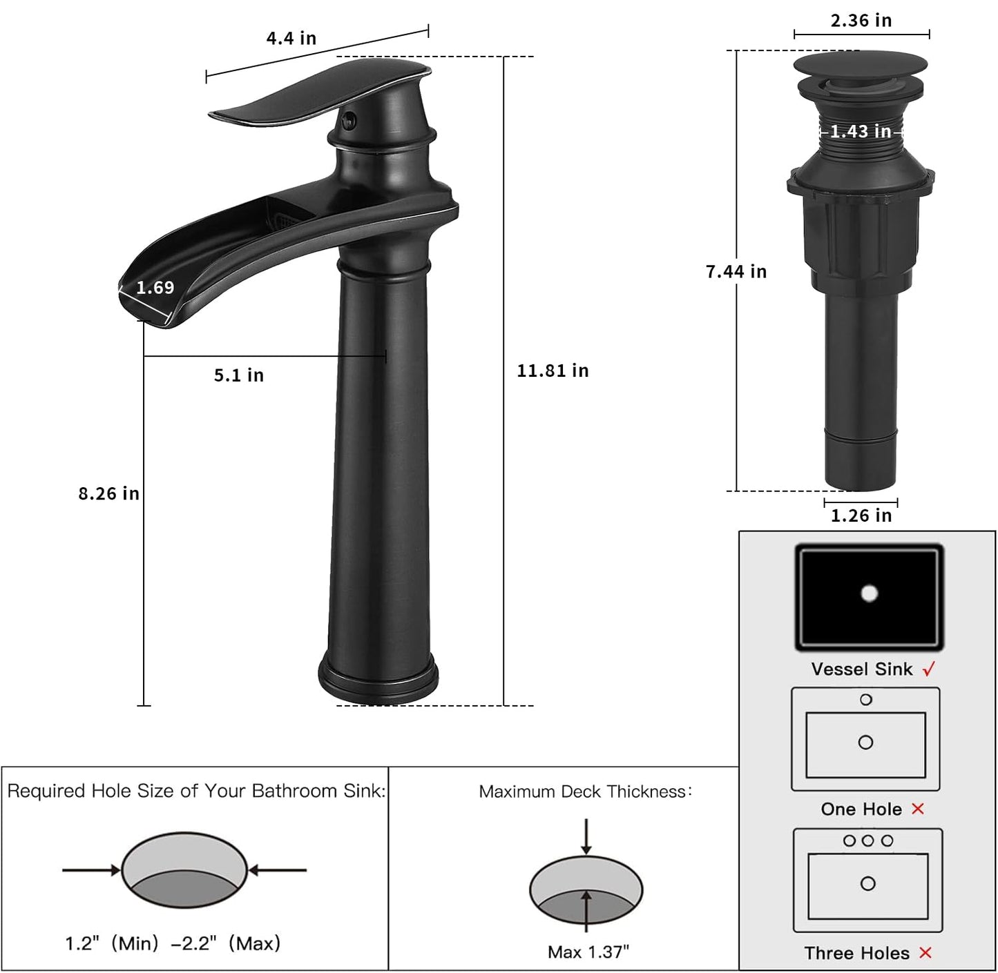 BWE Vessel Sink Faucet Waterfall Matte Black Bathroom Faucets Single Hole Single Handle Bathroom Sink Faucet Tall Vessel Faucet with Pop Up Drain and Water Supply Line