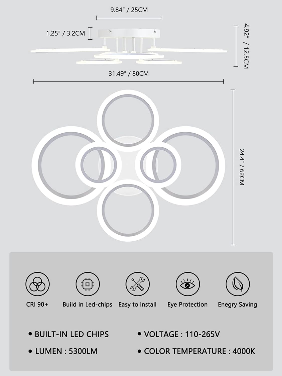 Modern LED Flush Mount Ceiling Light - 4 Rings 4000K Fixture for Kitchen & Living Room