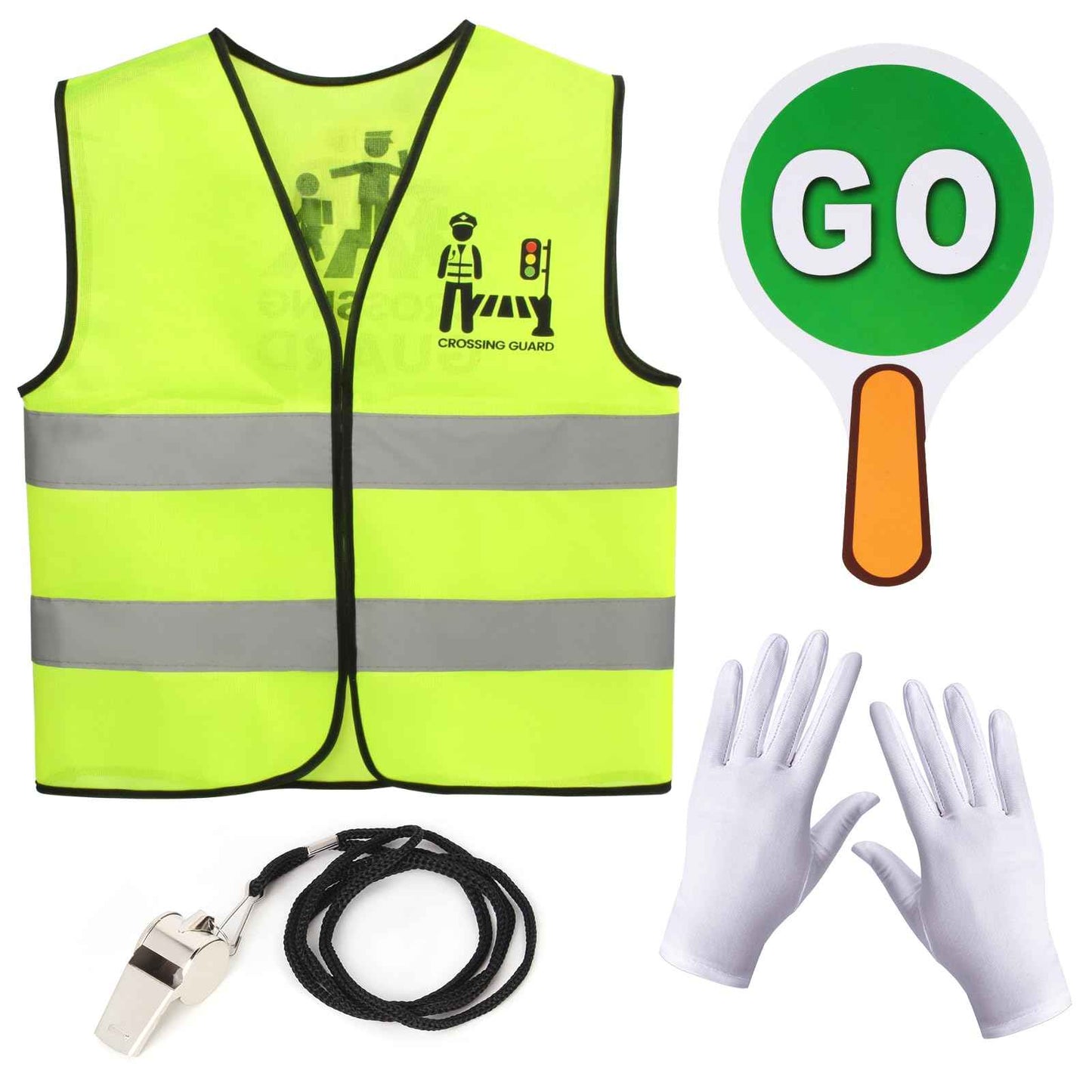 Yewong Kids Crossing Guard Kit Traffic Reflective Safety Vest Double-Sided Stop Go Sign Gloves Whistle for Schools Teaching Career Costume