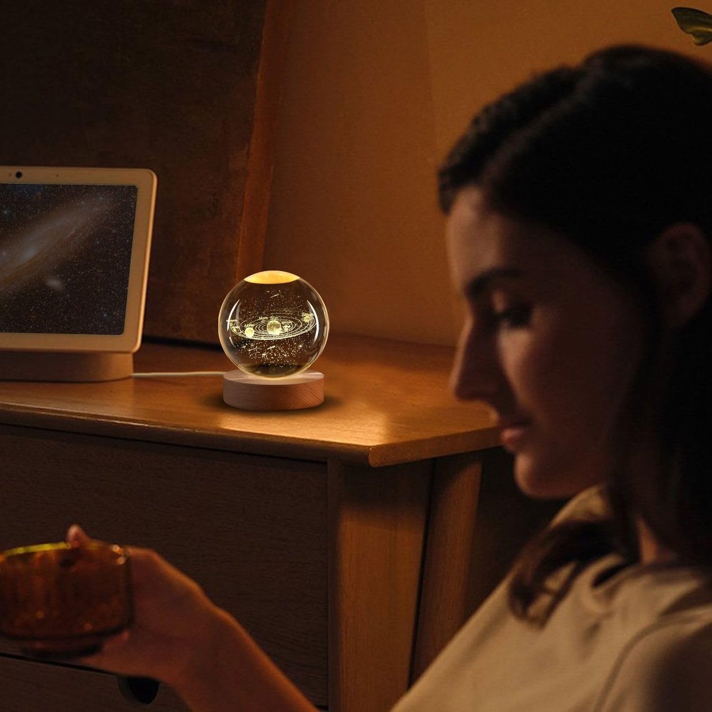 Flexzion 3D Solar System Crystal Ball Night Light - LED Light Hologram Glass Lamp with Solid Wood Base, USB Powered Crystal Ball Lamp w/Adjustable Brightness for Home Decor Display Gift,2.4inch(60mm)