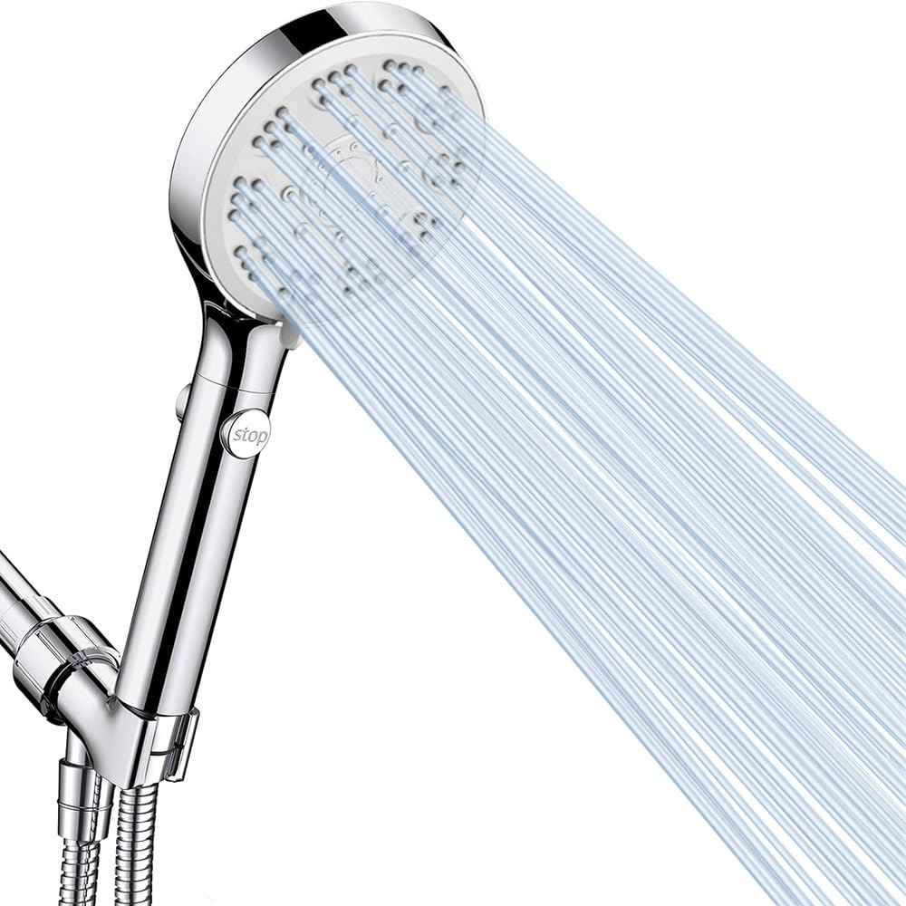 High Pressure Shower Head with ON/Off Pause Switch Button, 5 Mode Handheld Shower Head with Hose and Adjustable Bracket, Chrome, Easy to Wash Hair, Kid Bath, Pet Bath
