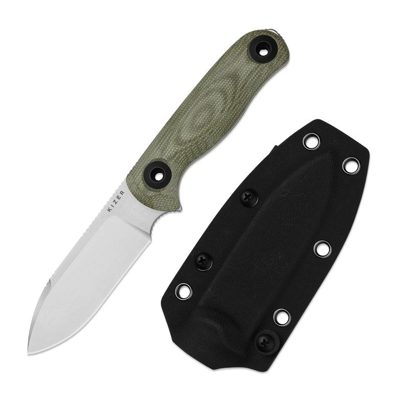 Kizer Drop Bear Fix 3 Fixed Blade Knife, 3.8" 14C28N Blade EDC Camping Knife with Green Micarta Handle, Small Hunting Knives with Sheath, Outdoor Survival Knives with Pocket Clip and Lanyard, 1101A2