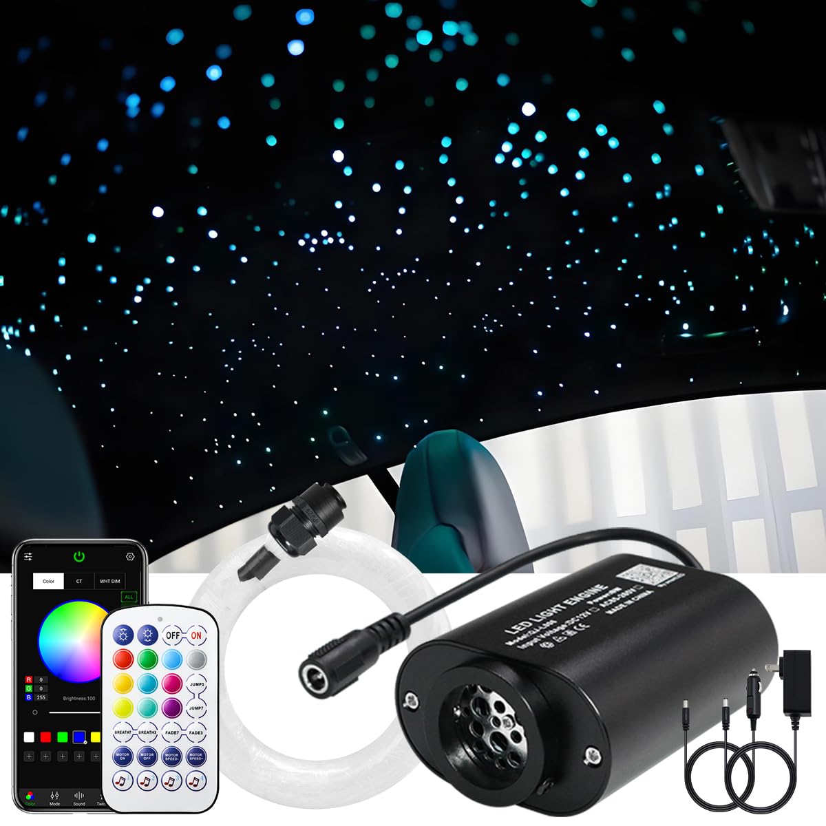 AKEPO 6W Mini Size Twinkle RGBW Fiber Optic Lights, Mixed 295pcs 9.8ft/3m Music Activated APP Control Optical Fiber Optic Star Ceiling Light Kit for Home and Car Starlight Headliner Kits