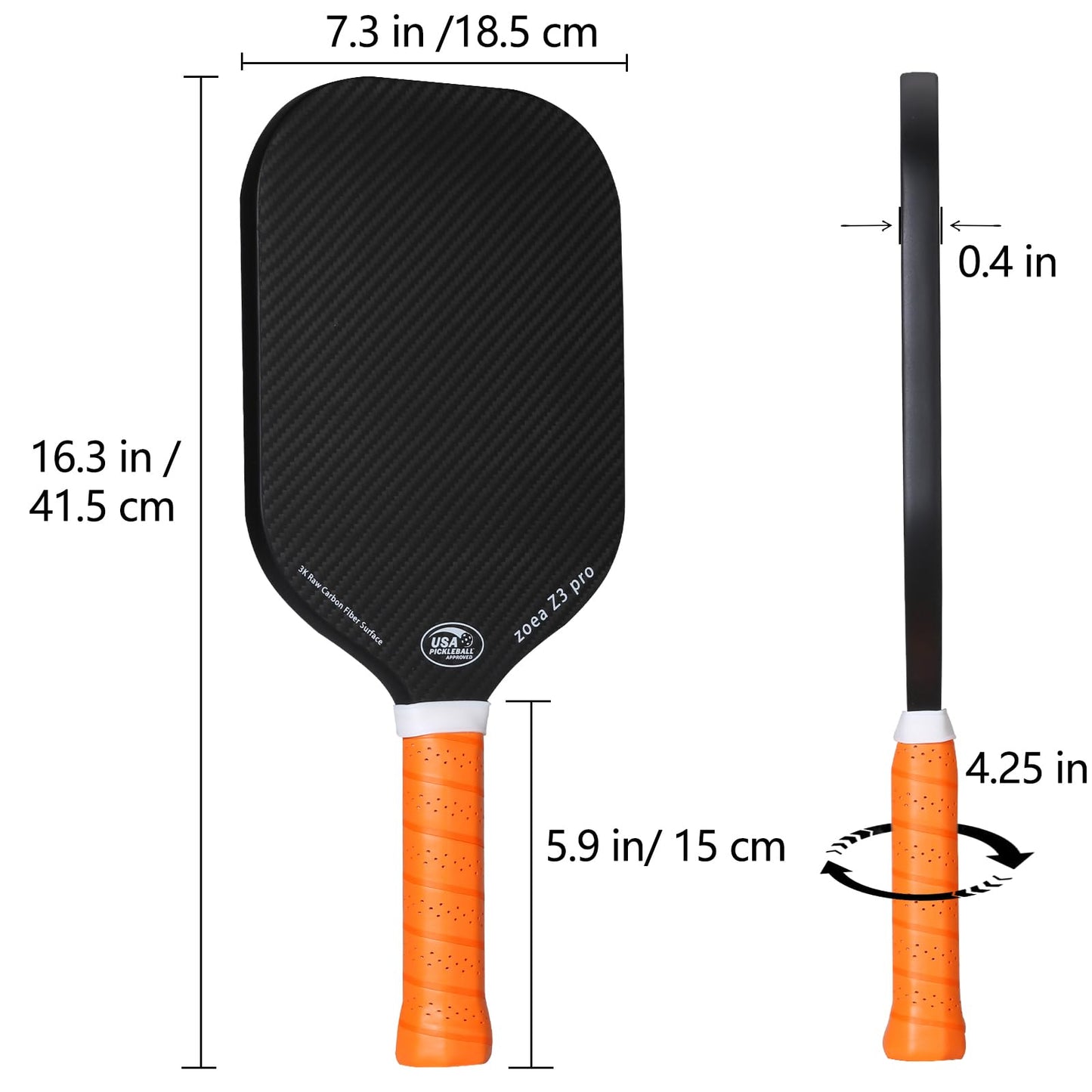 ZOEA Pickleball Paddle, USA Pickleball Approved, 16MM Polypropylene Honeycomb Core, Edgeless Style 3K Raw Carbon Fiber Surface + Carbon Abrasion Surface, Ideal for Novice and Professional Players 1PC