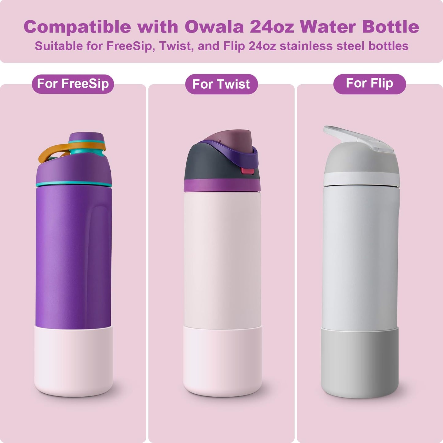 Alwenid 2PCS Silicone Water Bottle Boot for Owala 24 Oz, Anti-Slip Protective Sleeve Bottom Bumper Protector for FreeSip, Twist, and Flip Stainless Steel Water Bottles (Pink)