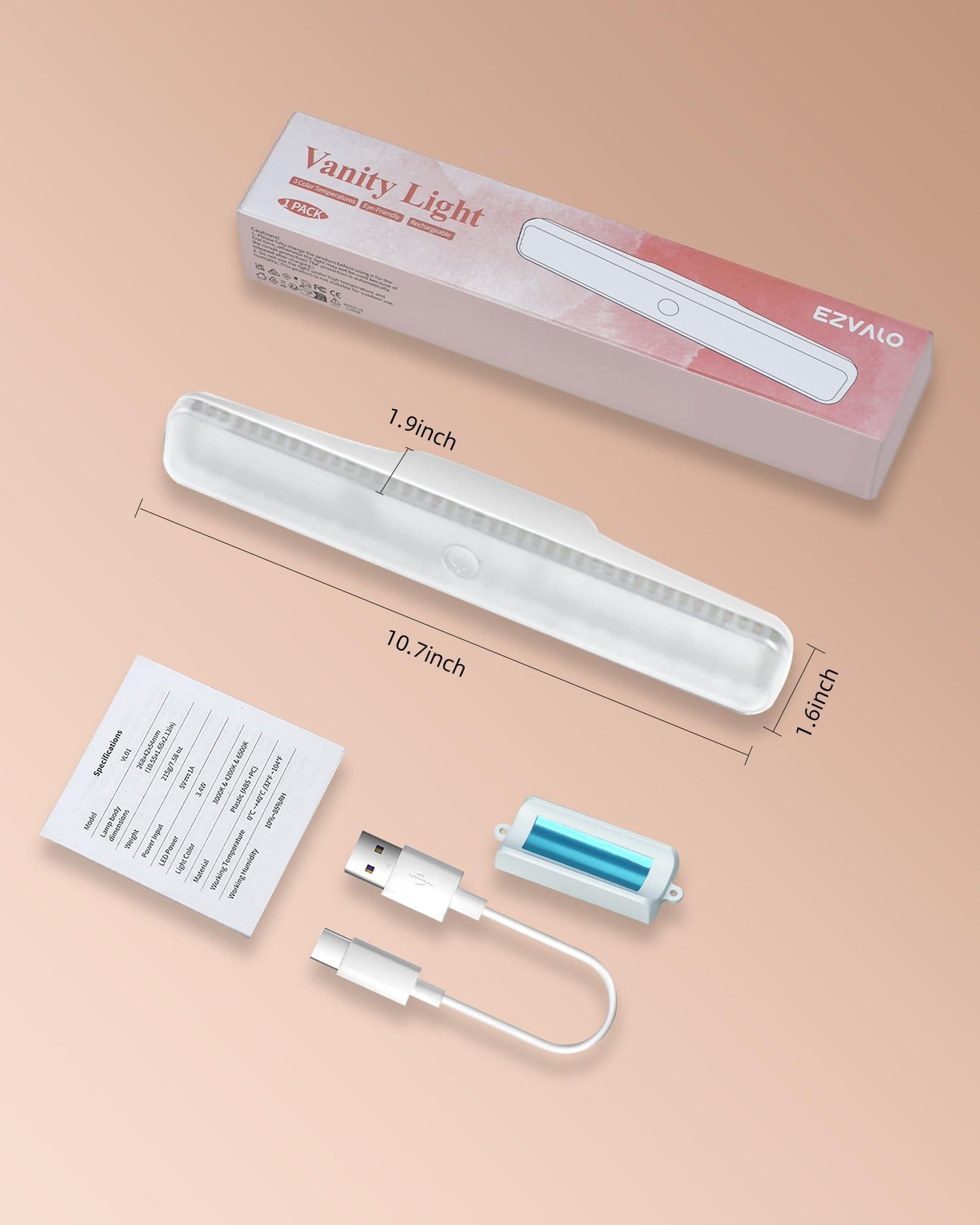 EZVALO Wireless Makeup Light 1 Pack, Vanity Lights for Mirror, Bathroom Vanity Light, Rechargeable, 3 Color Temperatures, Stepless Dimming, Touch Control, Adjustable Angle, Women's Gifts