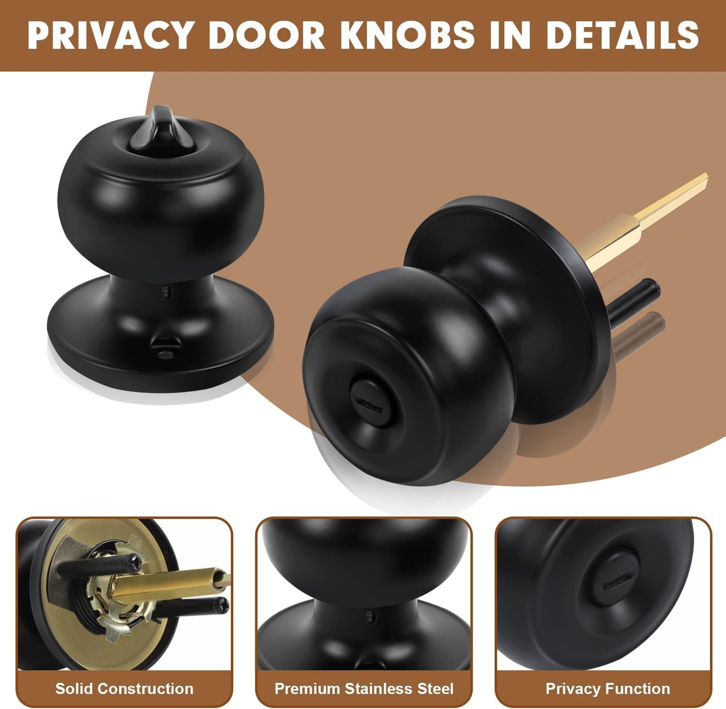 Matte Black Privacy Door Knobs - 8 Pack Keyless Locksets for Bed & Bath, Reversible
