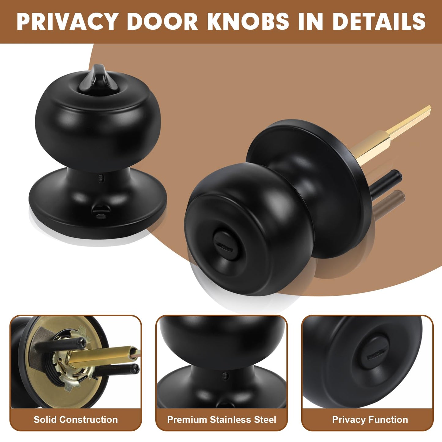 RAZCC Privacy Door Knobs, 1 Pack Matte Black Door Knobs with Lock, Bed and Bath Door Knob Interior Keyless Locksets, Round Door Handles Reversible for Left Right Handed Doors