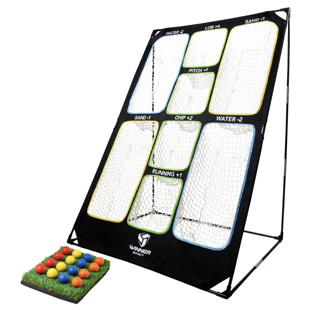 WINNER SPIRIT Play 707 Golf Chipping Game Net with Rough Mat, 16 Foam Golf Balls, Scorecard, Carry Bag | Golf Chipping Trainer Training Indoor Outdoor Outside Park Beach Backyard (Clubs not Included)