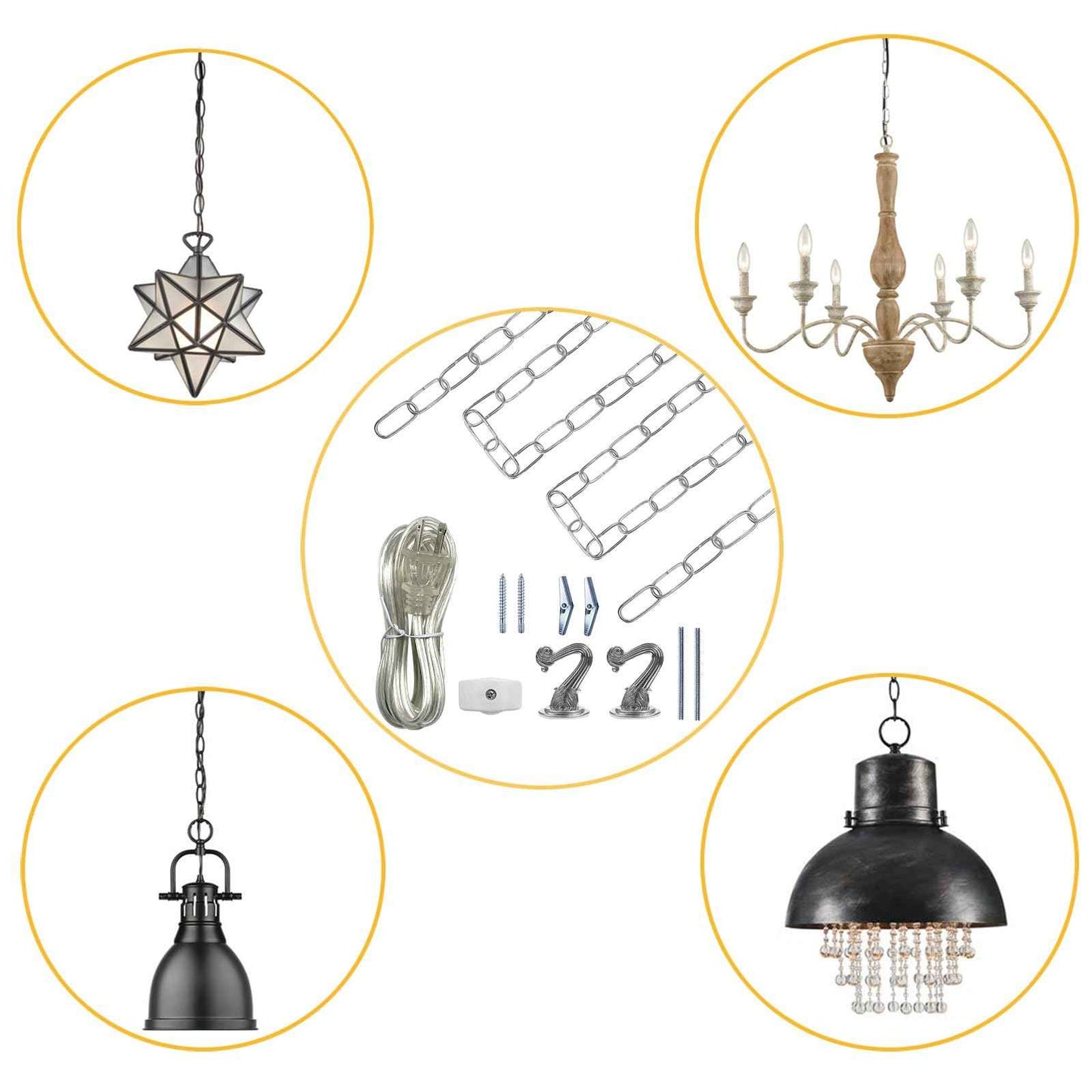 ECUDIS Swag Light Kit, Lamp Parts Chandelier Light Fixture Chain Swag Kit Includes 12 Ft Chain, 15 Ft Cord with Switch, 2 Swag Hooks and Mounting Hardware (Nickel)