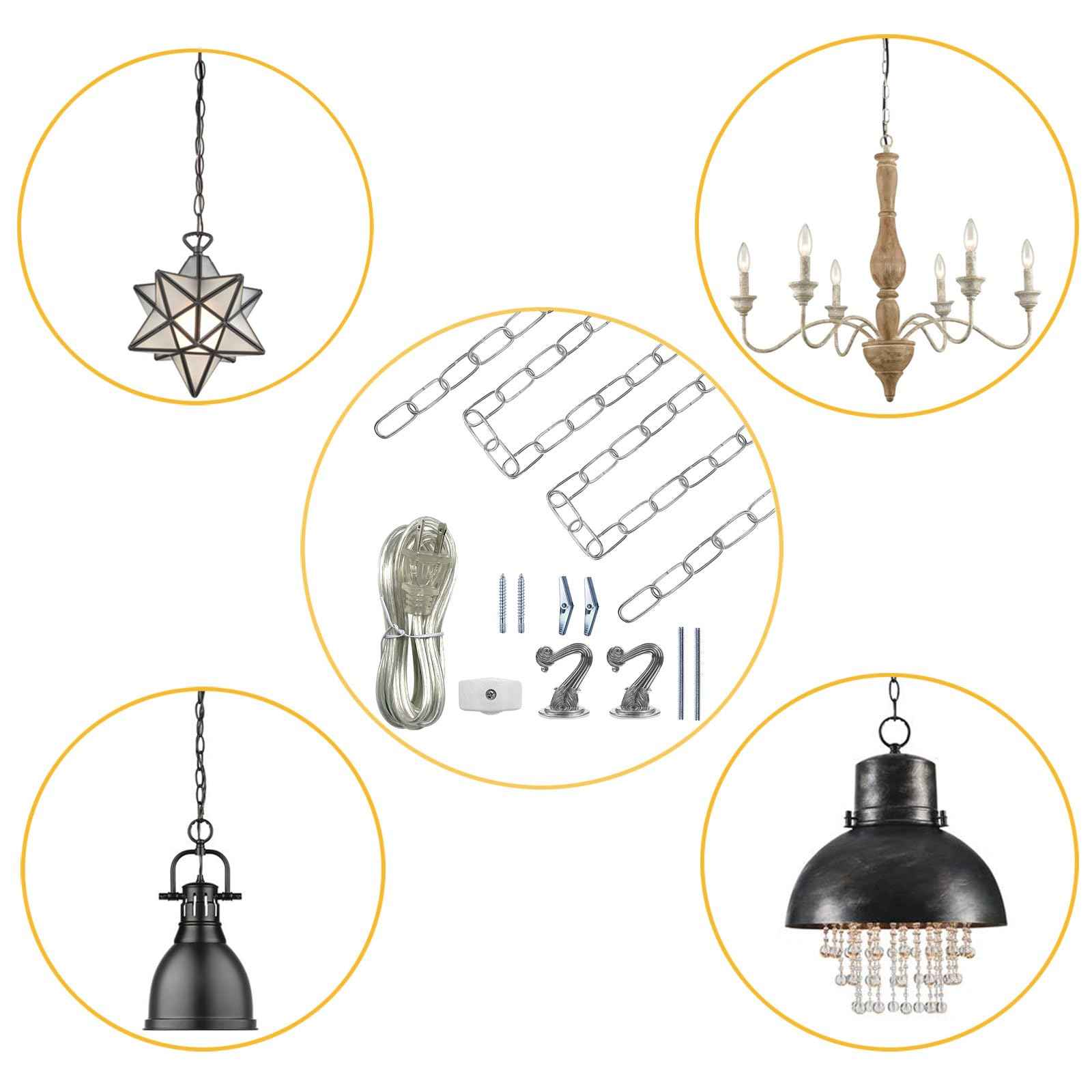 ECUDIS Swag Light Kit, Lamp Parts Chandelier Light Fixture Chain Swag Kit Includes 12 Ft Chain, 15 Ft Cord with Switch, 2 Swag Hooks and Mounting Hardware (Nickel)