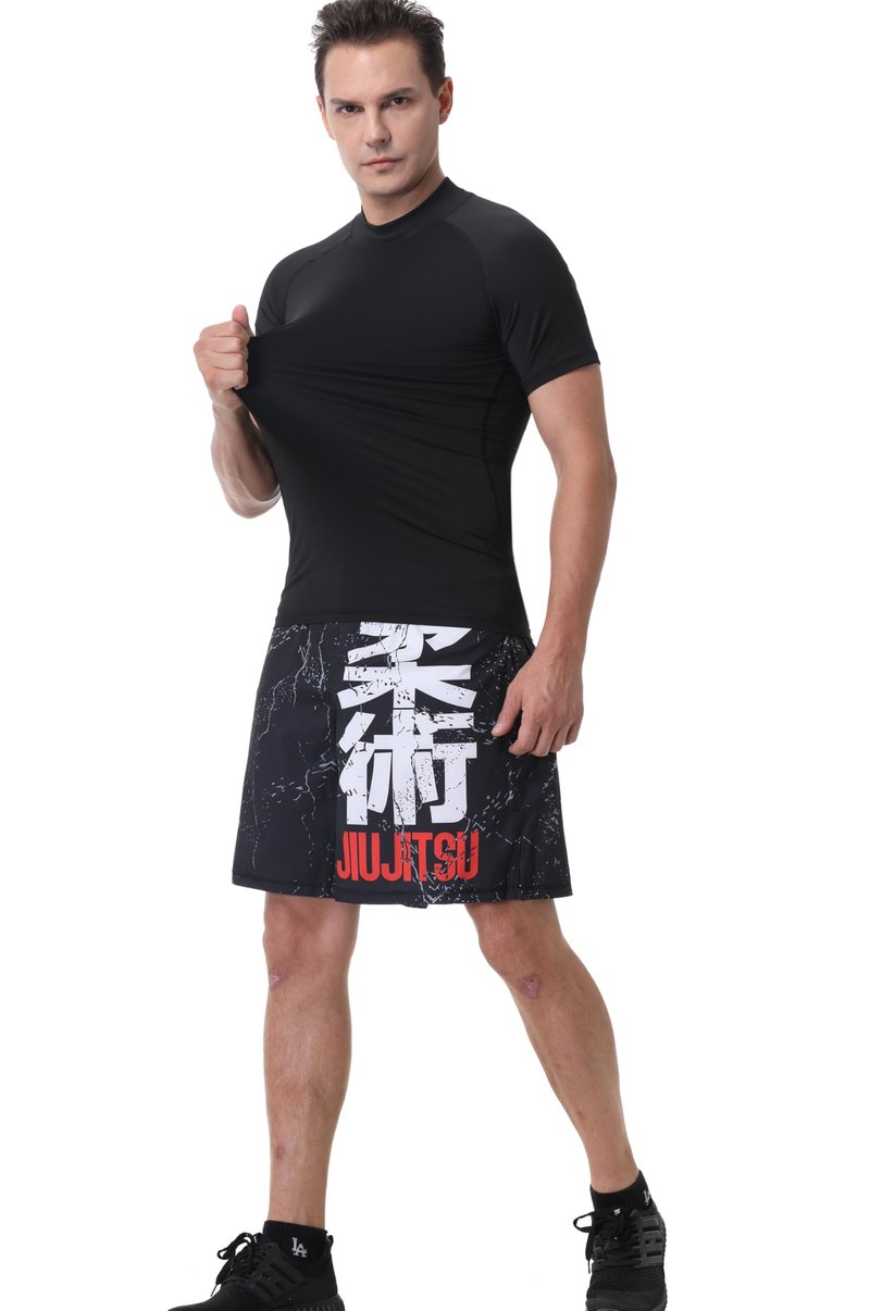 Red Plume Mens Compression Mock Turtleneck Short Sleeve Shirt High Neck Athletic Tops Football Run Pullover Sports Undershirt Black