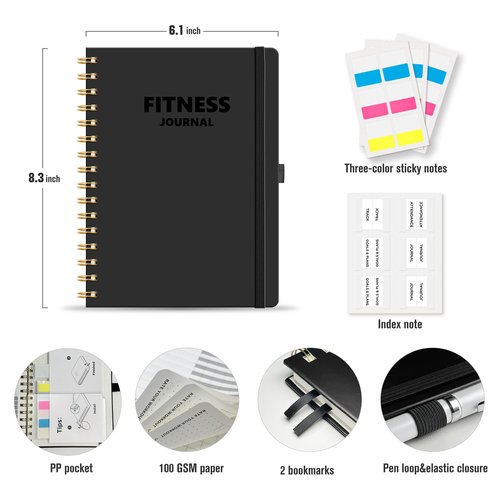 LOAPEM Workout Journal, Fitness Journal for Women & Men, A5 Workout Log Exercise, Fitness Trackers Plan Week With Goals, Calendar, Loss Weight Diet Training, Progress, Gym & Home Workouts (Black)