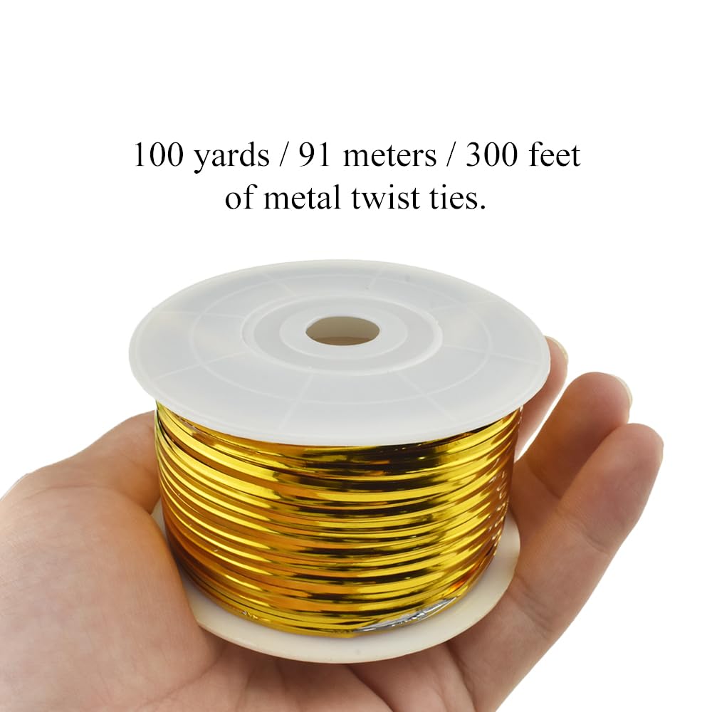 HAHIYO 100Yards/300Feet/91M Gold Metal Twist Ties for Bread, Candy, Coffee, Plant Garden, Cellophane Treat, Gift Wrapping, Plastic Bags - Halloween Party, Cake Present, Art Craft
