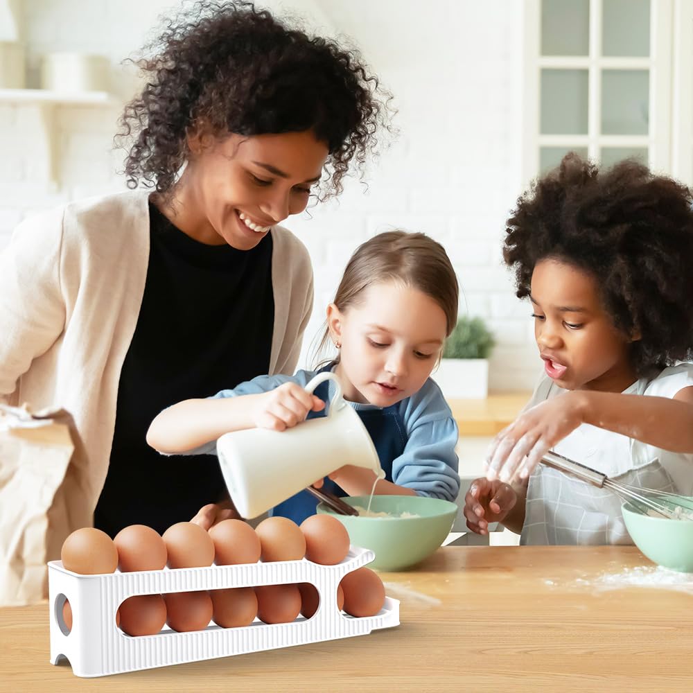 Egg Holder for Fridge, 2 Tiers Auto Rolling Egg Storage Organizer for Refrigerator, Slim Space Saving Container, Dispenser - Egg Roller for Eggs 12 Count