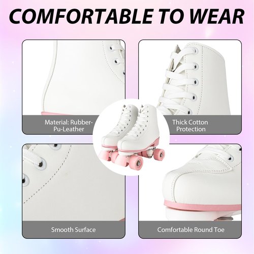 YYW Roller Skates for Women Girls White Pink Roller Skates Light Up Adult Double Row PU Leather Skates for Youth Adult Beginner Outdoor (Pink Flash Wheel,36)