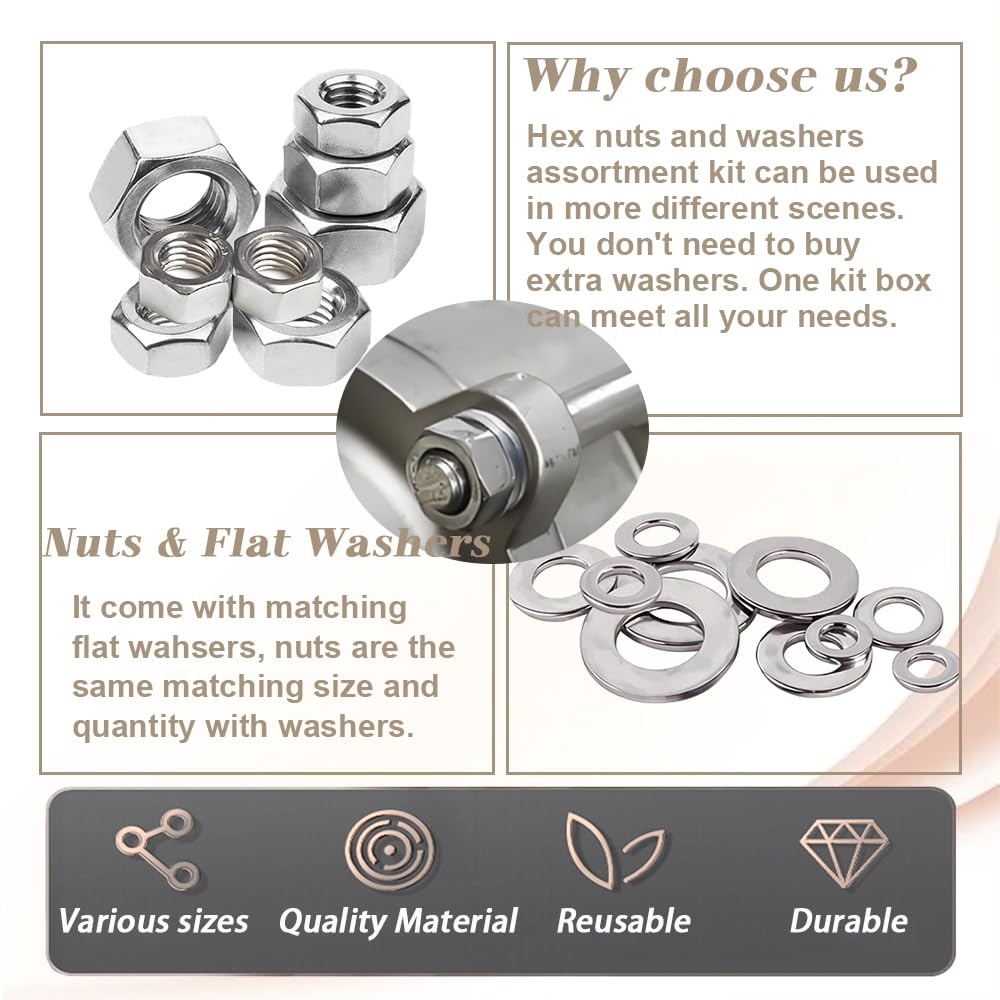 Dianrui 276 PCS Metric Hex Nut and Washer Assortment Kit, 7 Size Nuts and Washer Set (M3 M4 M5 M6 M8 M10 M12) 304 Stainless Steel Hardware Hex Nuts for Screw Bolt