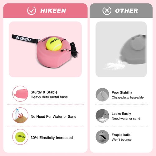 Hikeen Premium Tennis Trainer Rebound with Metal Base,Portable Solo Tennis Trainer Set with 3 Highly Elastic String Balls,Tennis Practice Equipment for Adult Kids and Beginners - Pink