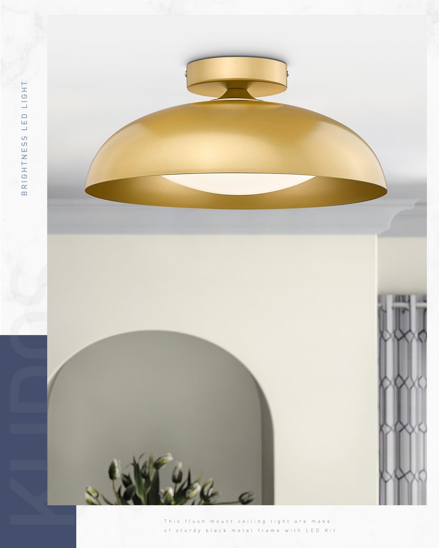 kudos Gold Semi Flush Mount Ceiling Light, 16 Inch LED Ceiling Light Fixtures, 23W/1300Lm Light Fixtures Ceiling Mount, 5CCT Adjustable, KDCL02-GD